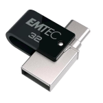 EMTEC T260 CHIAVETTA USB 3.2 FLASH USB 3.2 DA 32 GB DUAL USB-A/USB-C SISTEMA DI AGGANCIO A 360° VELOCITA DI LETTURA FINO A 180 MB/S VELOCITA DI SCRITTURA 15 MB/S MAX NERO ARGENTO