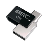 EMTEC T260 CHIAVETTA USB 3.2 FLASH USB 3.2 DA 64 GB DUAL USB-A/USB-C SISTEMA DI AGGANCIO A 360° VELOCITA DI LETTURA FINO A 180 MB/S VELOCITA DI SCRITTURA 15 MB/S MAX NERO ARGENTO